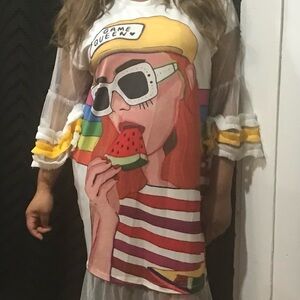 Colorful Graphic Dress with Sheer Sleeves